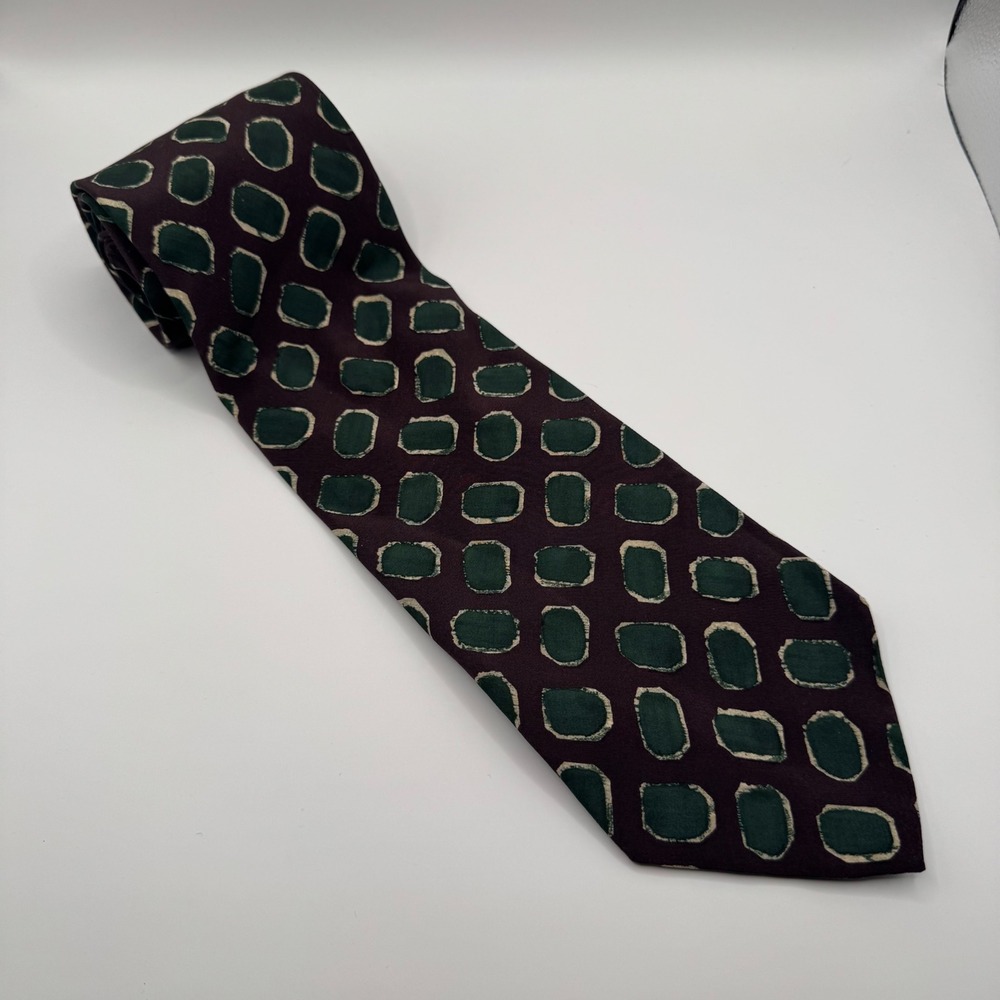 Hugo Boss Mens Silk Tie Burgundy Green Geometric Pattern Made in Italy 3.75 Inch